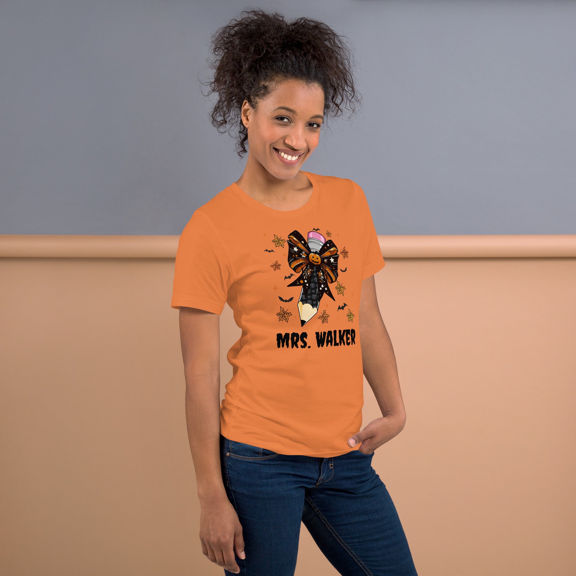 Custom teacher graphic tee for Halloween with pencil design