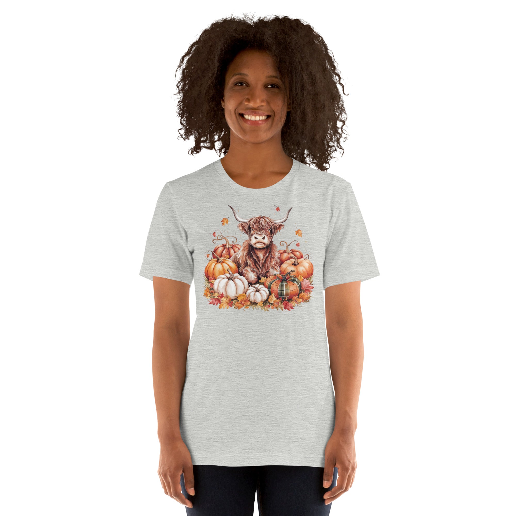 Cute autumn cow shirt for women featuring Highland cow and pumpkins.