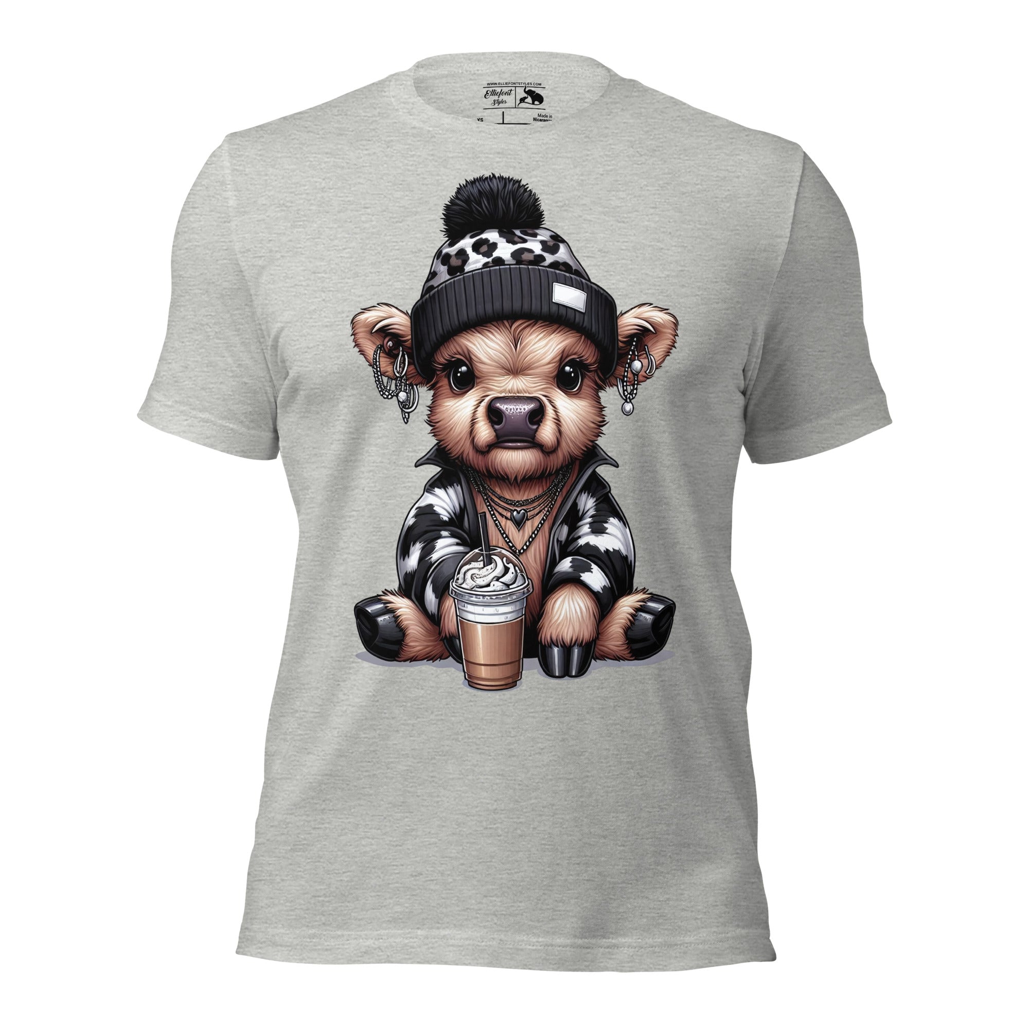 Cute Highland cow shirt holding coffee, wearing a beanie hat
