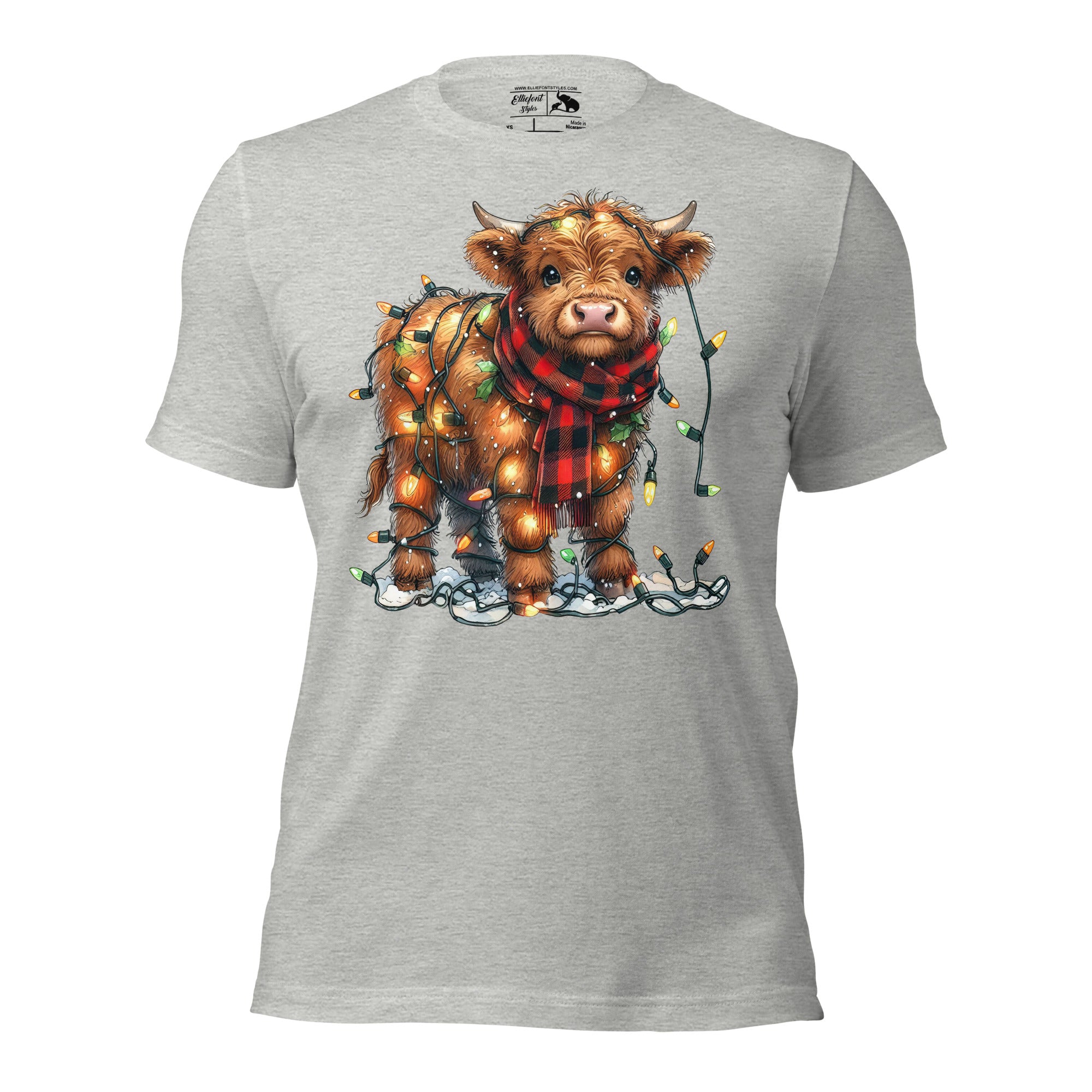Cute Highland cow shirt wrapped in Christmas lights