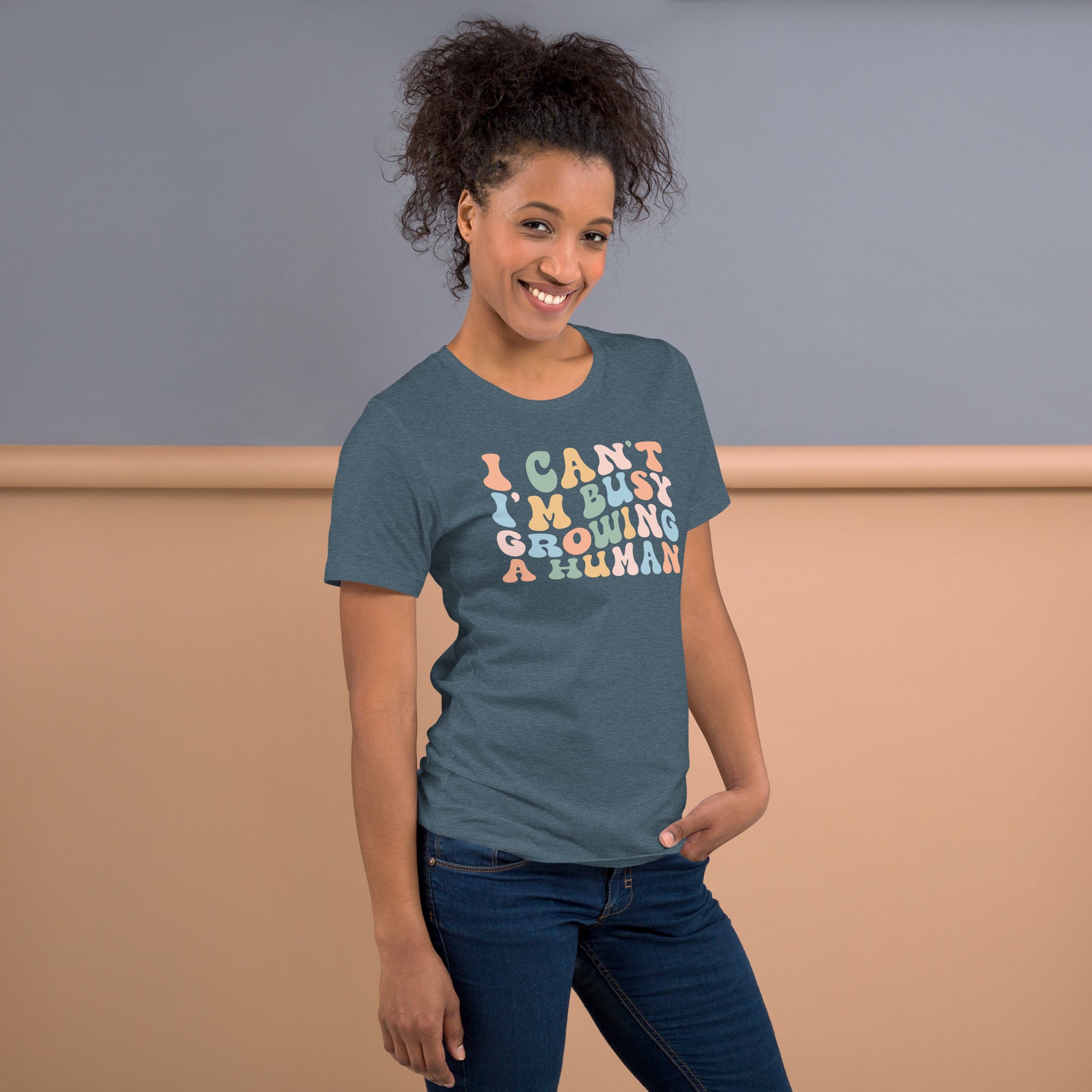 Expecting mom shirt with retro style wording I Can’t I’m Busy Growing a Human