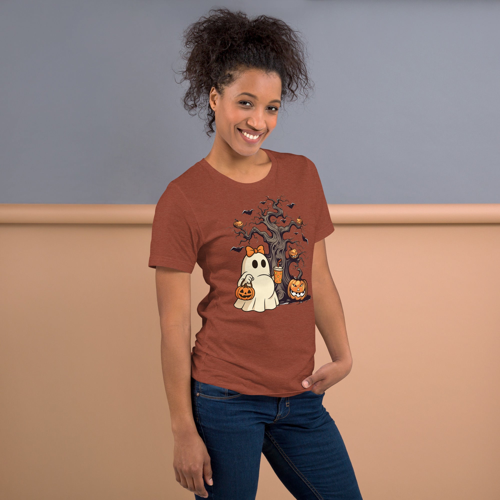 Fall baby announcement shirt with ghost, coffee, pumpkin bucket, and spooky tree