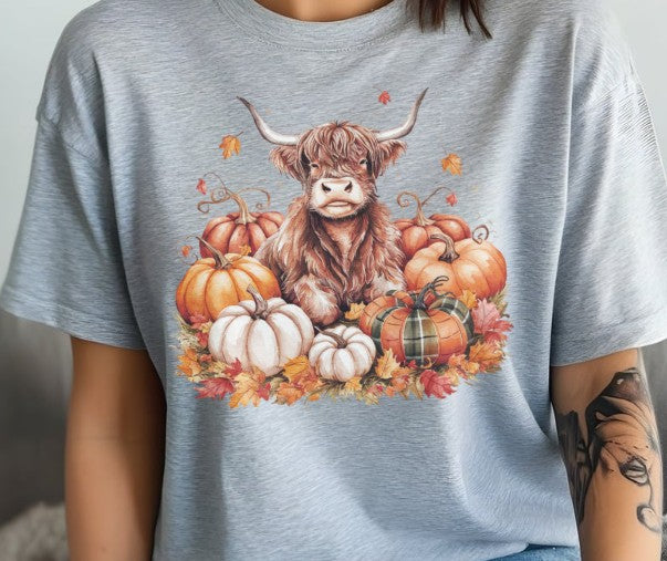 Fall Highland cow shirt with pumpkin patch design