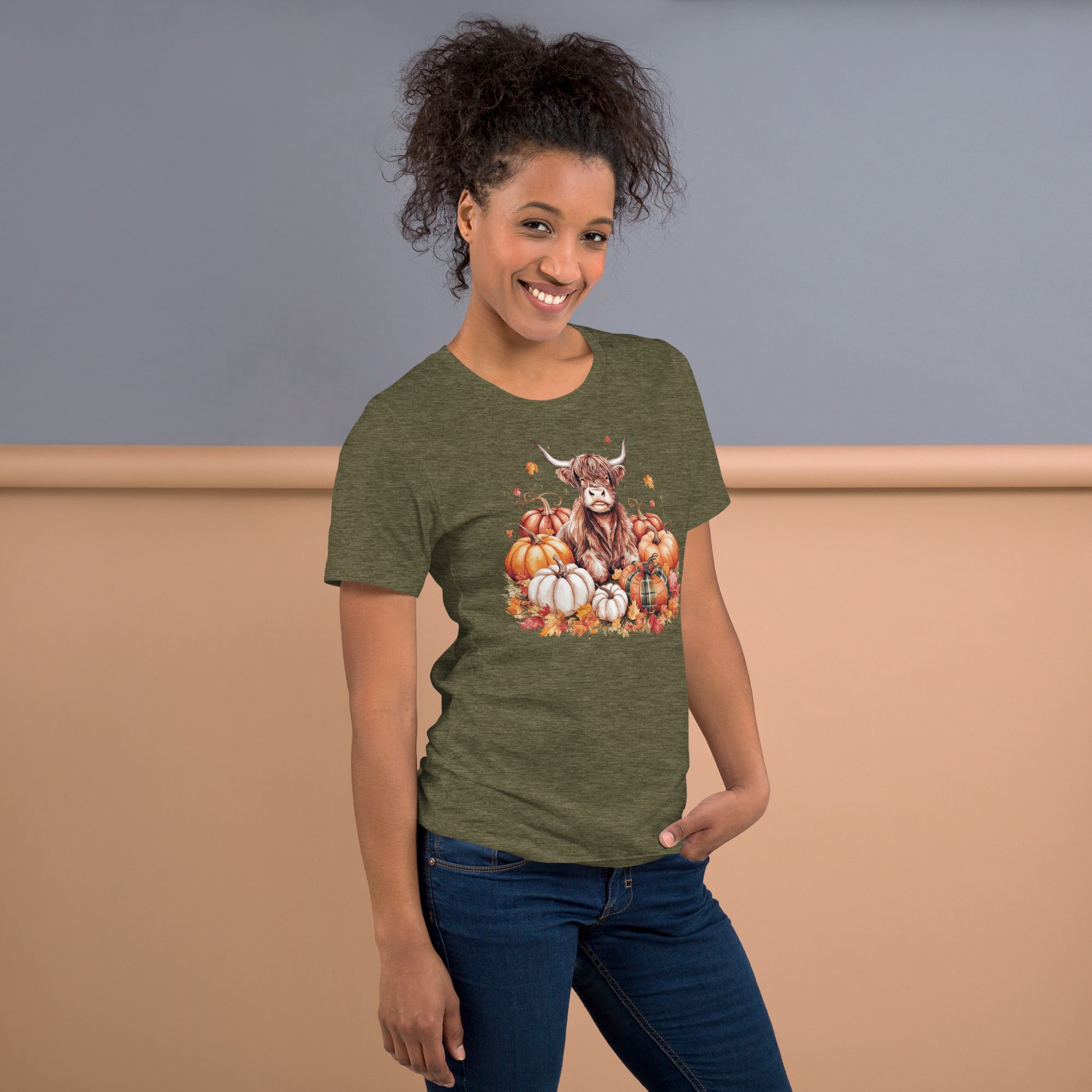 Matching fall family photo shirt with Highland cow pumpkin patch theme.