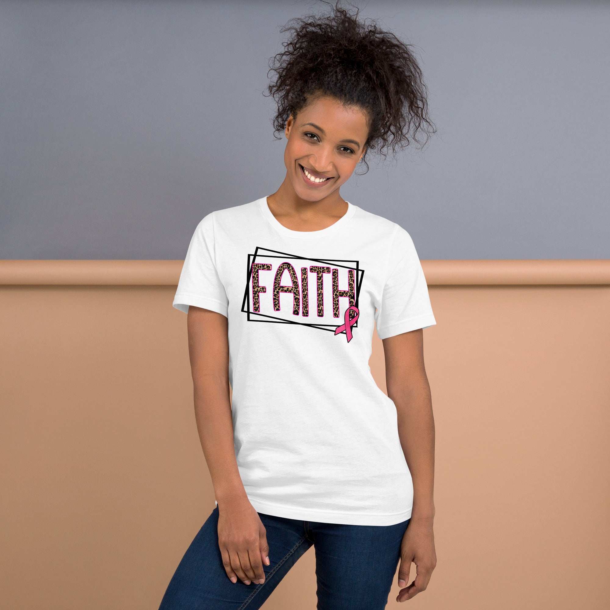 Family support shirt with Faith text and pink ribbon for awareness