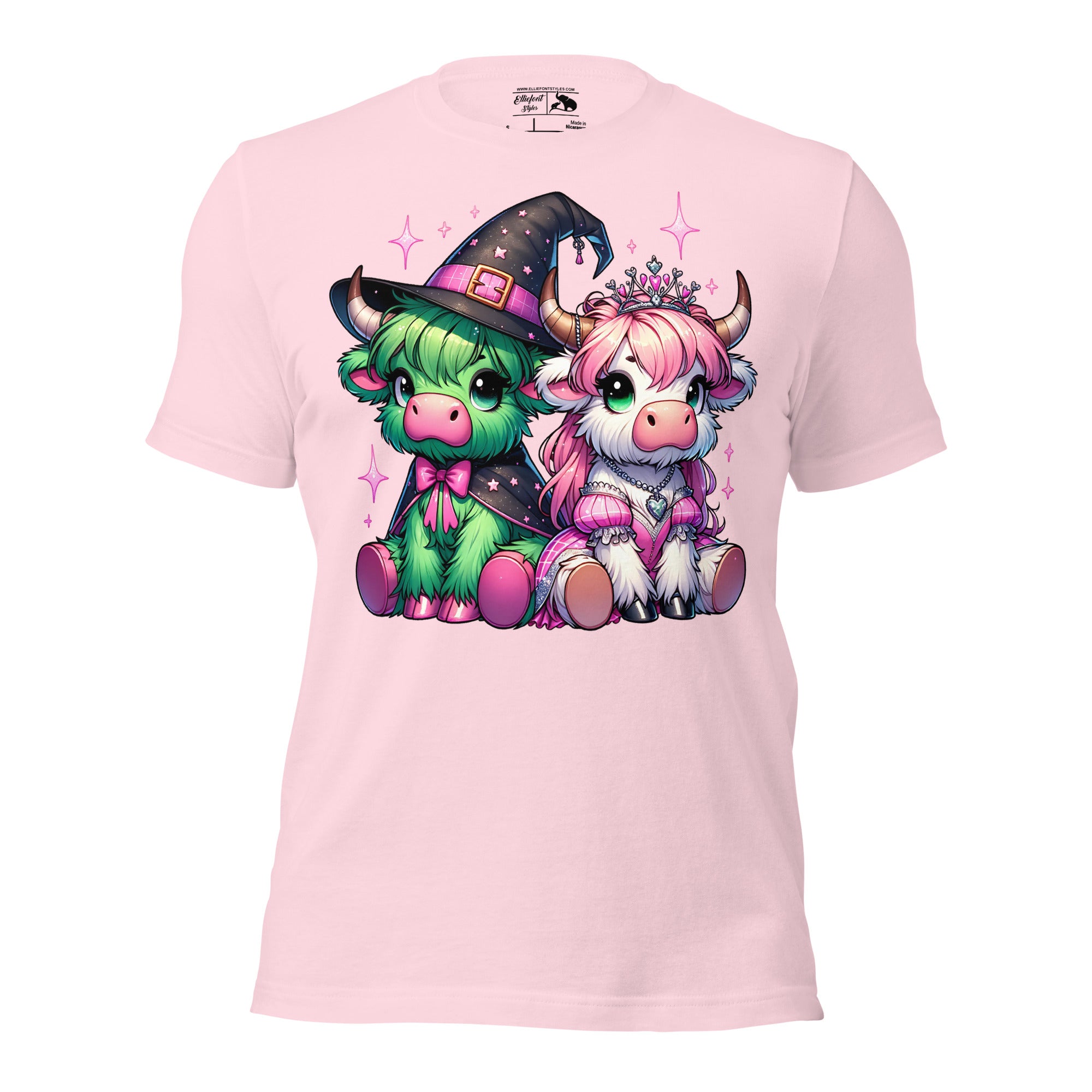 Farm animal shirt featuring Highland cows styled like Wicked characters.