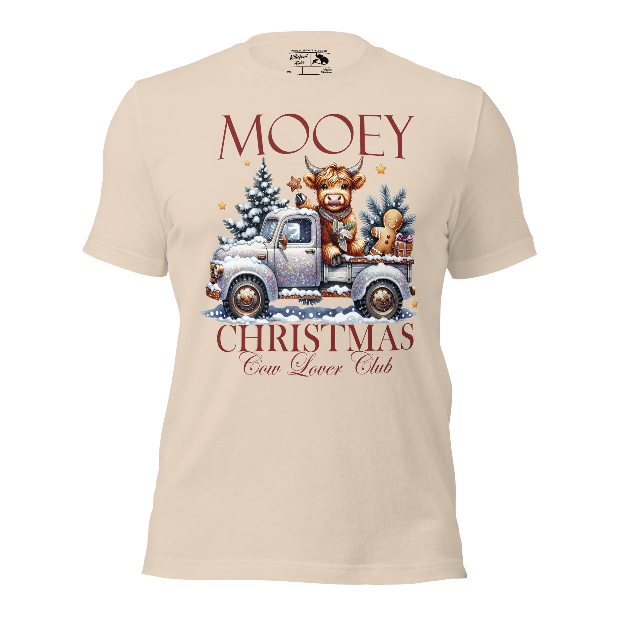 Farmhouse style Highland cow holiday shirt with festive truck.