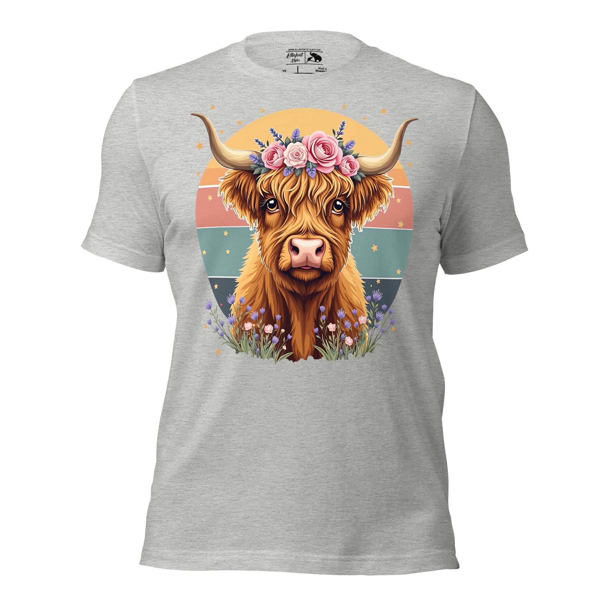 Farmhouse-inspired retro shirt with Highland cow and flowers.