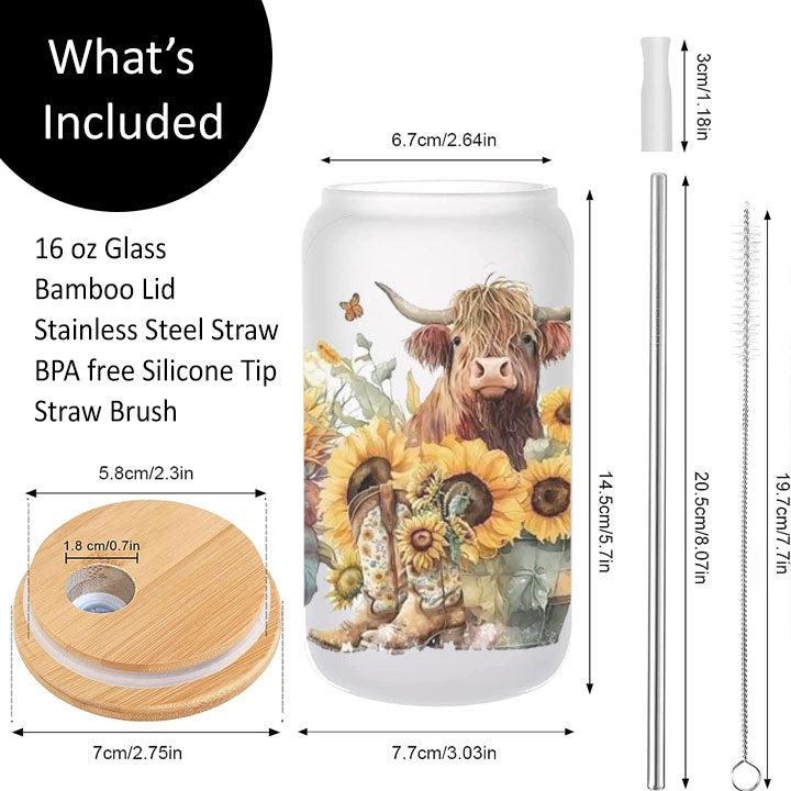 16 oz tumbler featuring Highland cow with sunflowers, farmhouse inspired