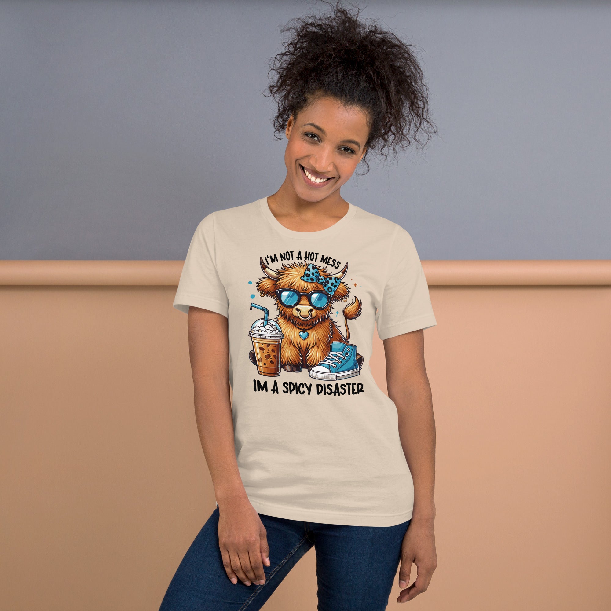 Farmhouse style Highland cow shirt with sassy spicy disaster text