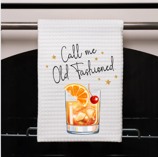Call Me Old Fashioned kitchen towel packaged as whiskey drinker gift
