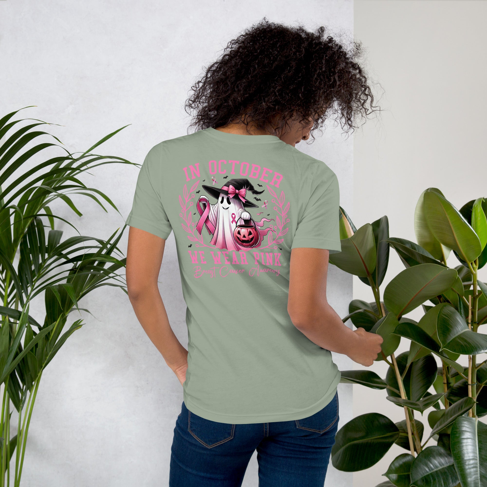 Festive October shirt with In October We Wear Pink ghost design
