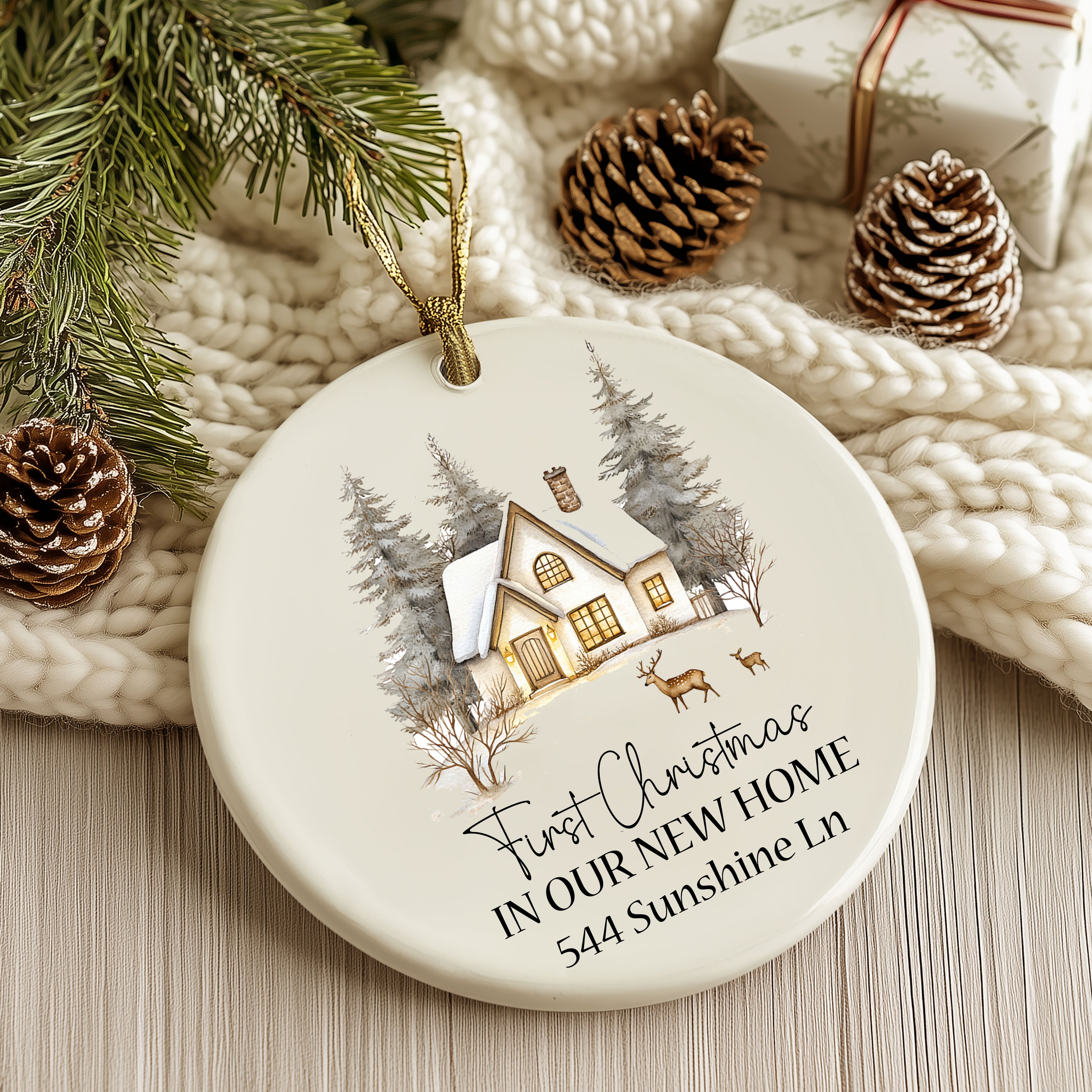 First Christmas in new home ornament featuring engraved address