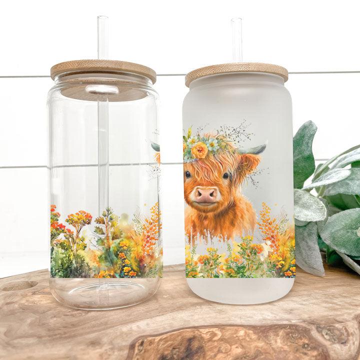 Libby Glass Can Tumbler featuring Highland cow and colorful flower garden design.