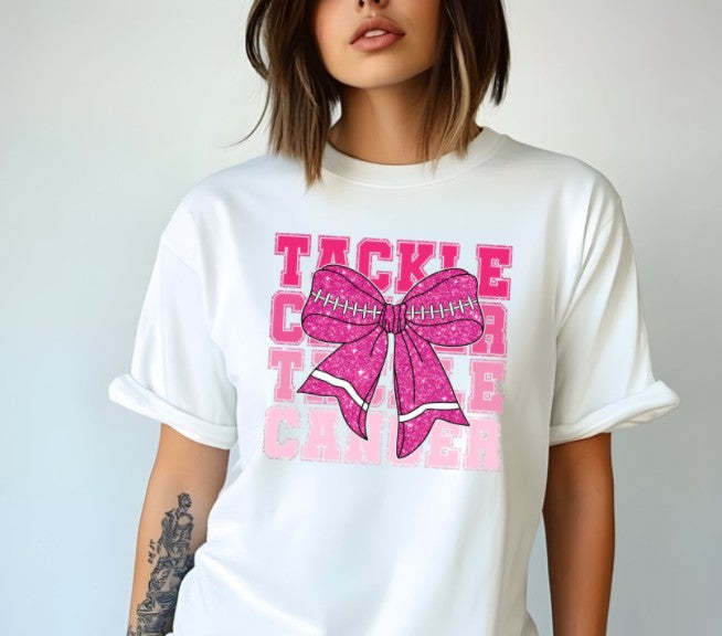 Football shirt with pink ribbon bow and Tackle Cancer message