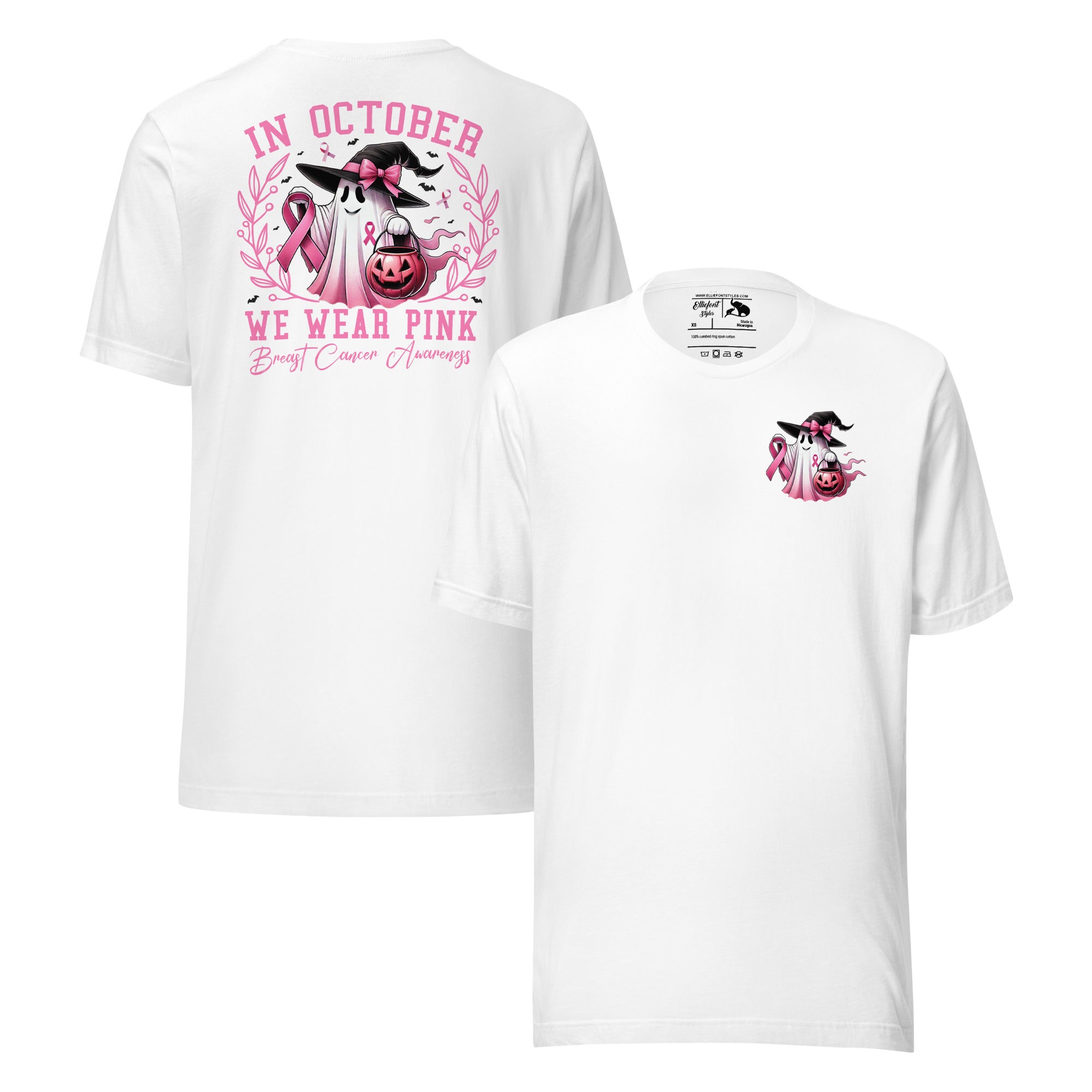 Front left chest design of ghost in witch hat with pink ribbon