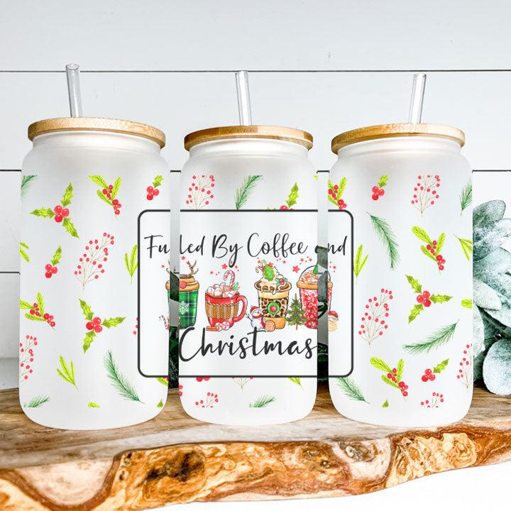 Libby Glass Can Tumbler with “Fueled by Coffee and Christmas” holiday design, perfect funny Christmas gift for coffee lovers