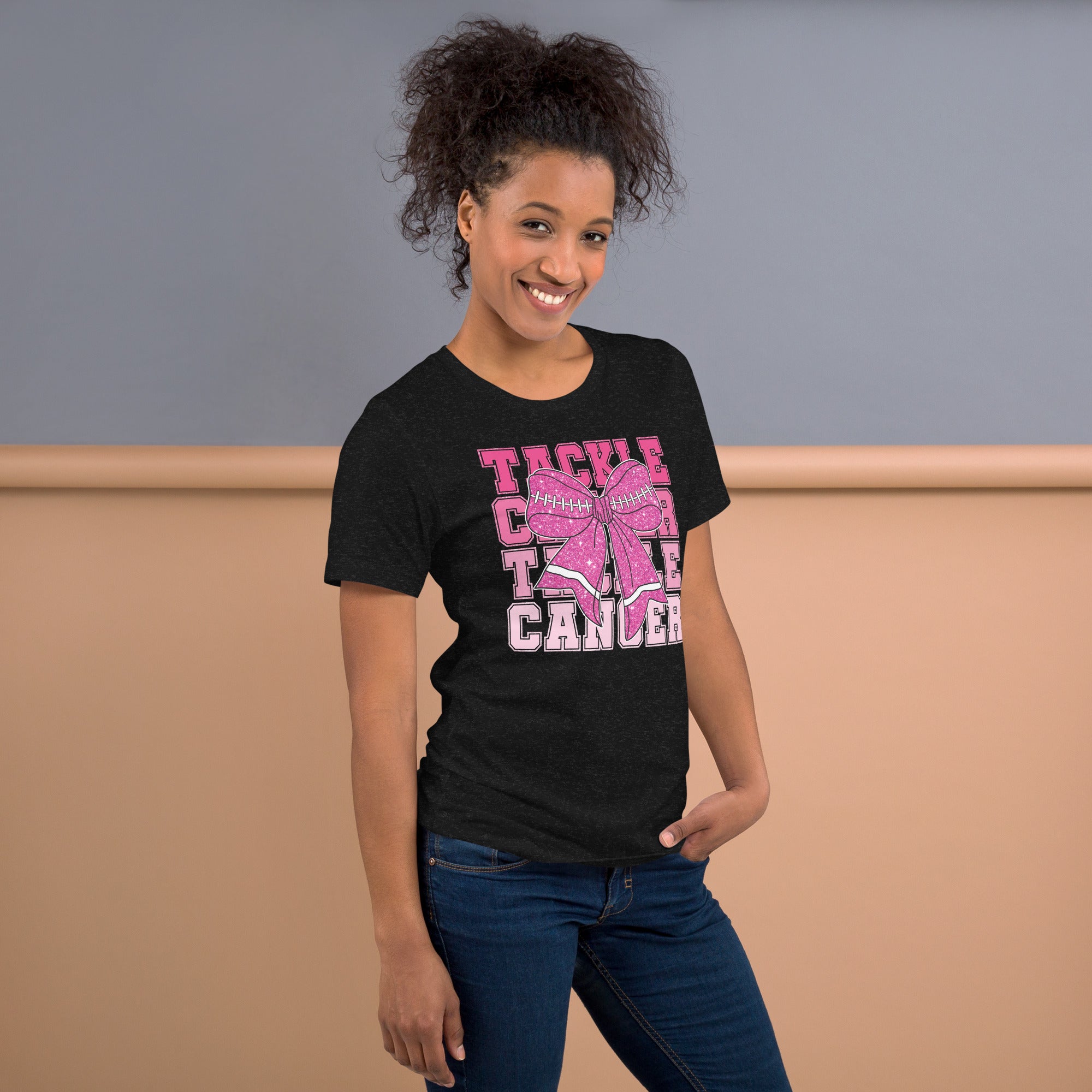 Fundraiser shirt with Tackle Cancer words and football pink ribbon bow
