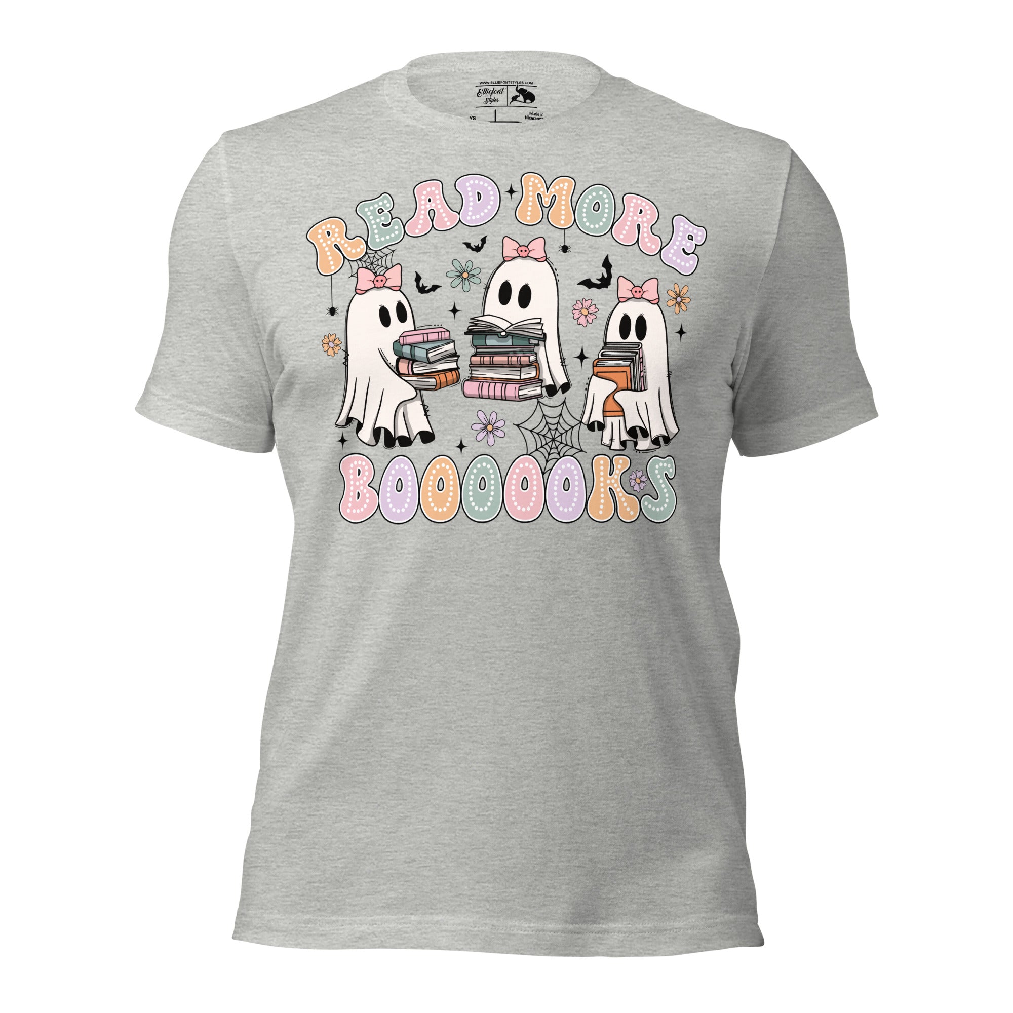 Funny book lover shirt with ghost reading stack of books
