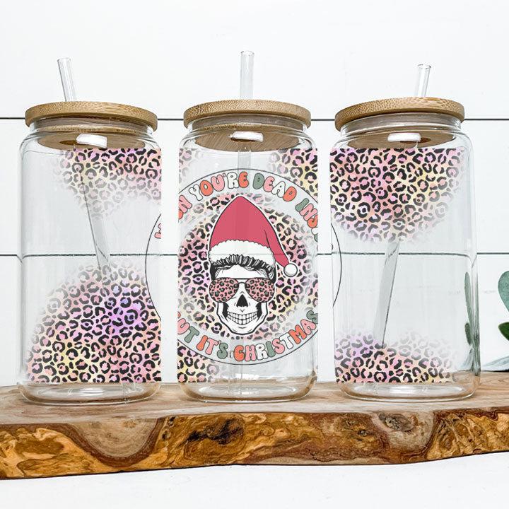 Reusable iced coffee tumbler featuring skeleton design with holiday phrase, perfect Christmas gift for friends.