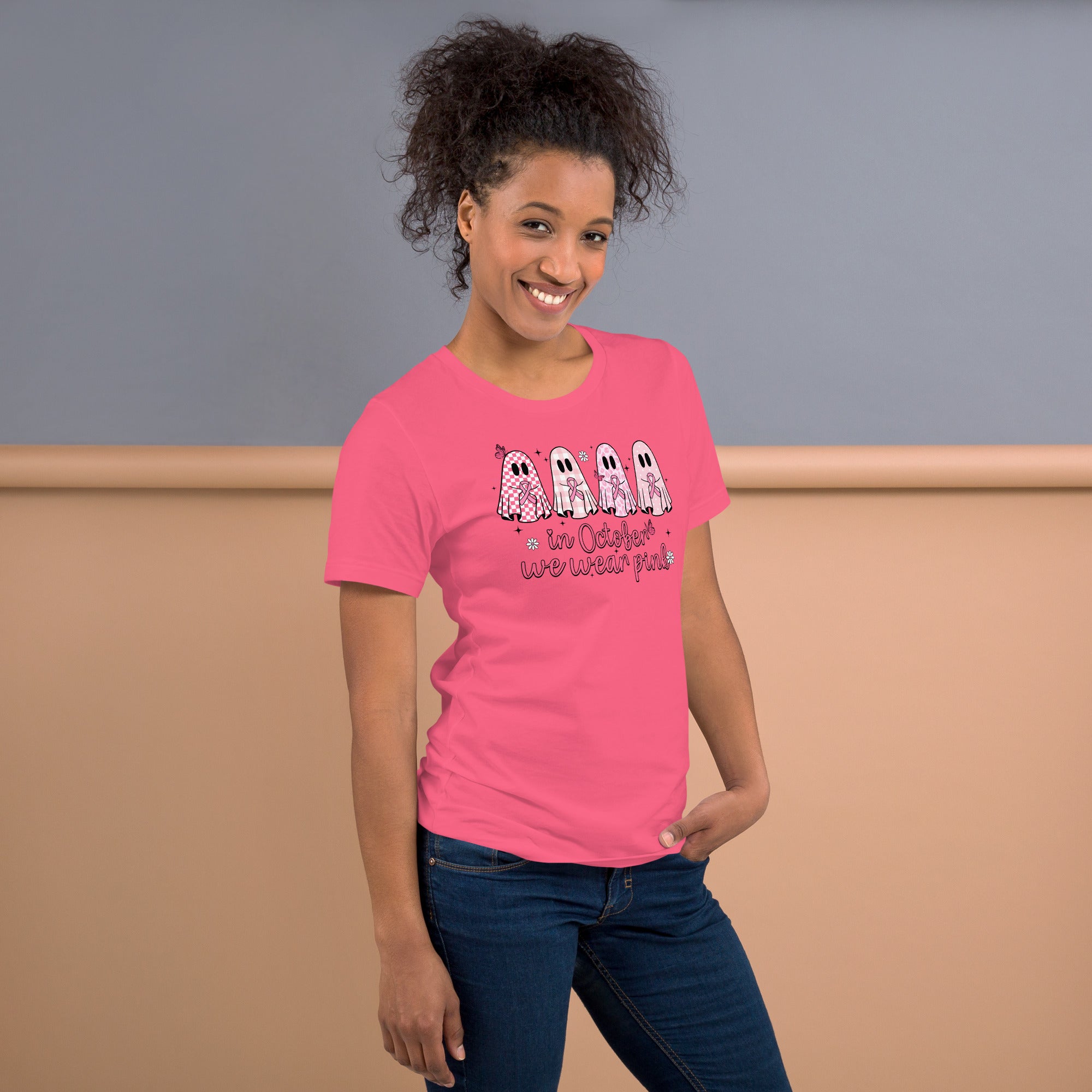 Funny ghost shirt with breast cancer awareness pink ribbon theme