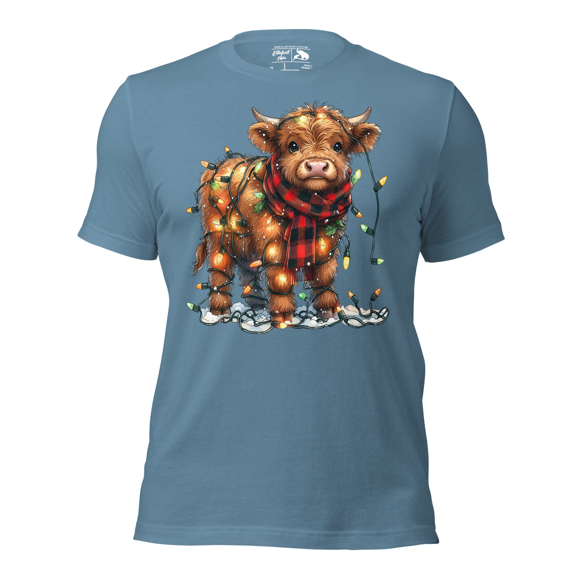 Funny holiday Highland cow shirt with Christmas lights design