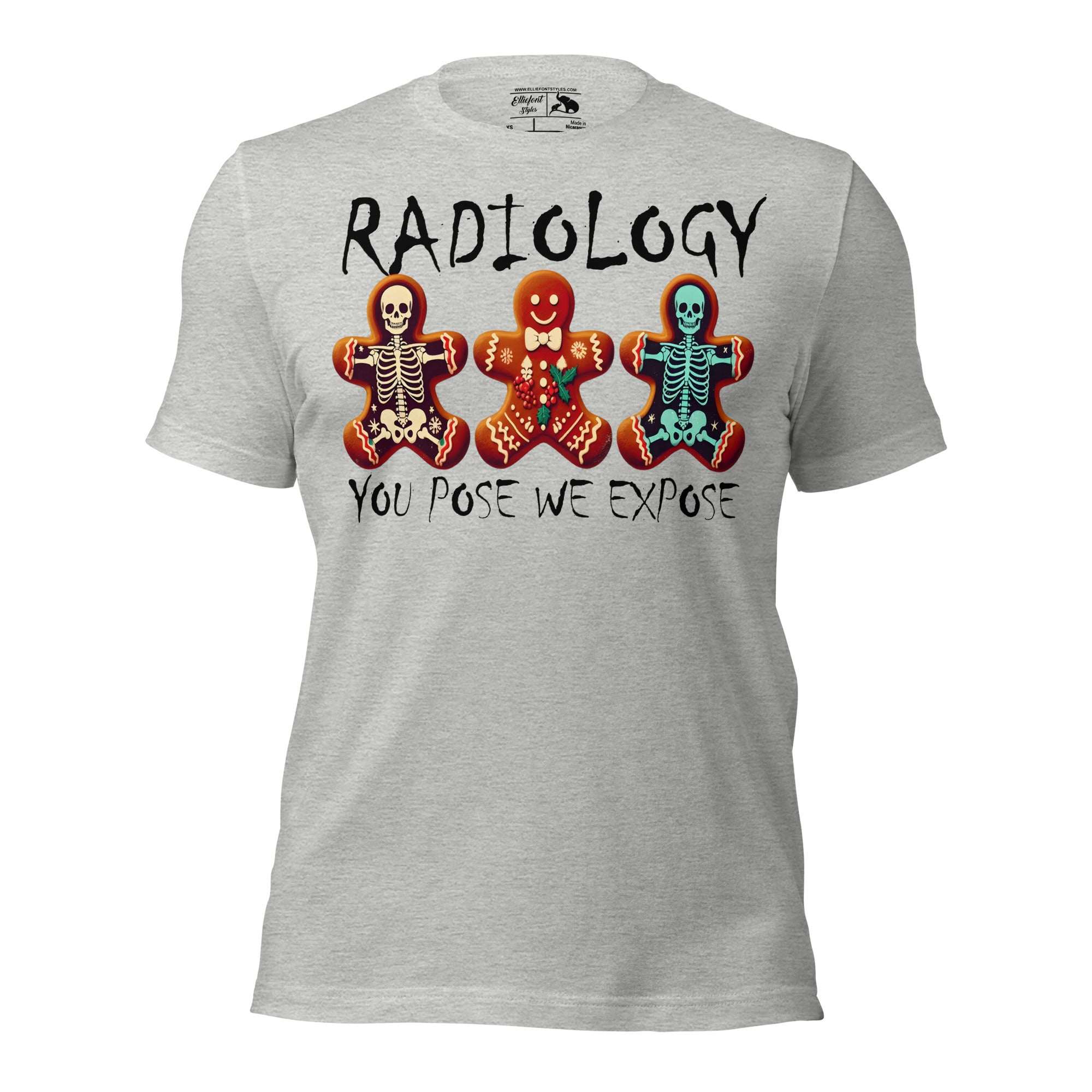 Funny radiology shirt with gingerbread cookies getting X-rays