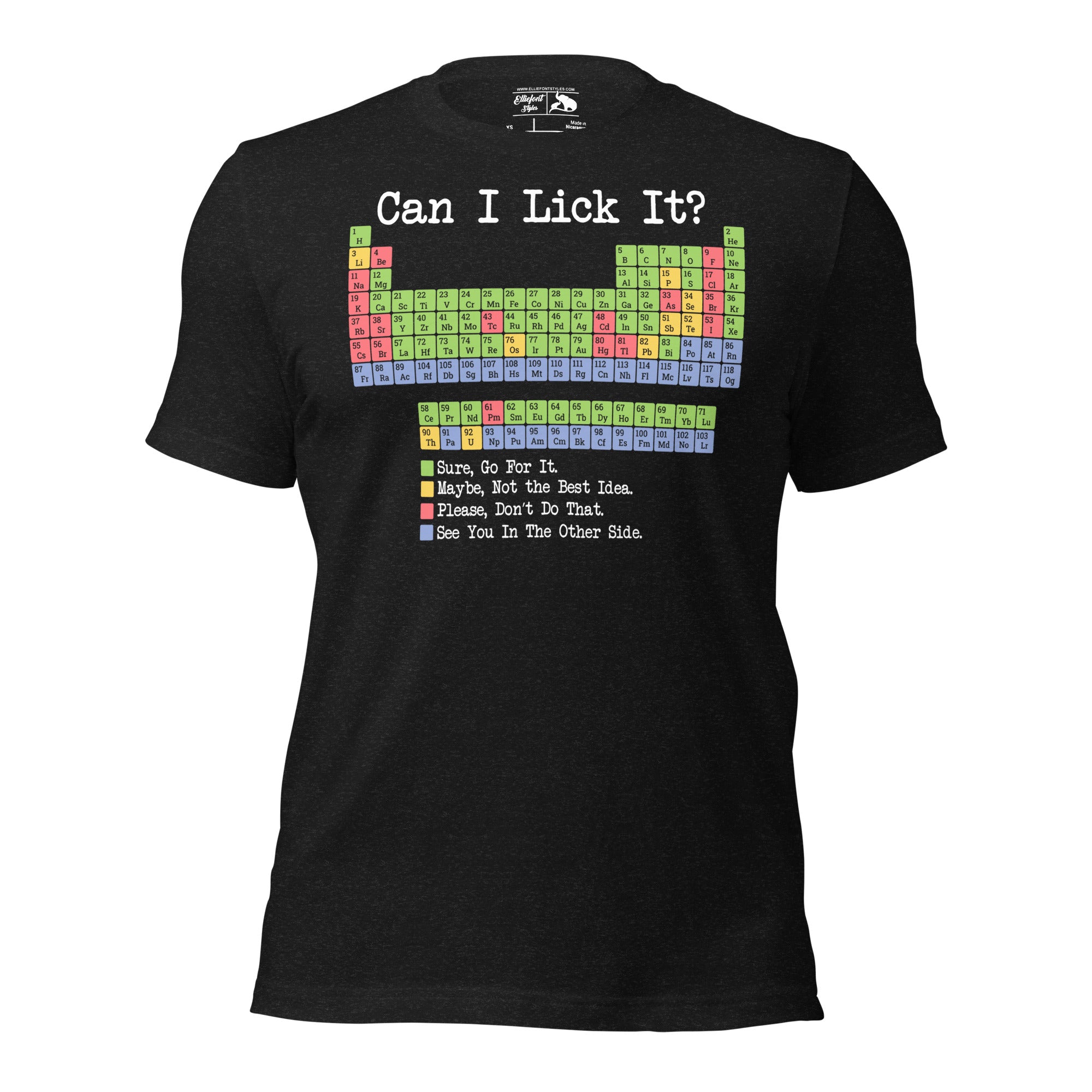 Funny science teacher shirt with periodic table and Can I Lick It joke