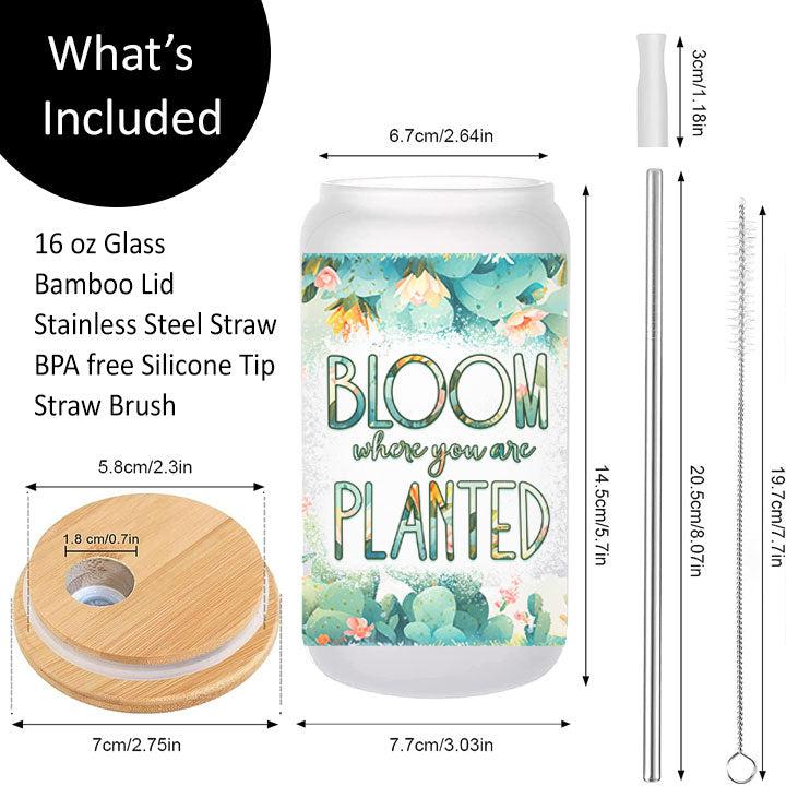 Libby Glass Can Tumbler with garden of flowers and inspirational “Bloom Where You Are Planted” message.
