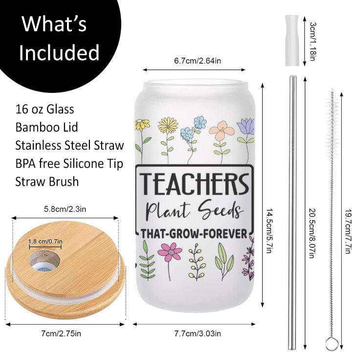 Teacher gift tumbler featuring flower garden artwork and inspirational “Teachers Plant Seeds” message.