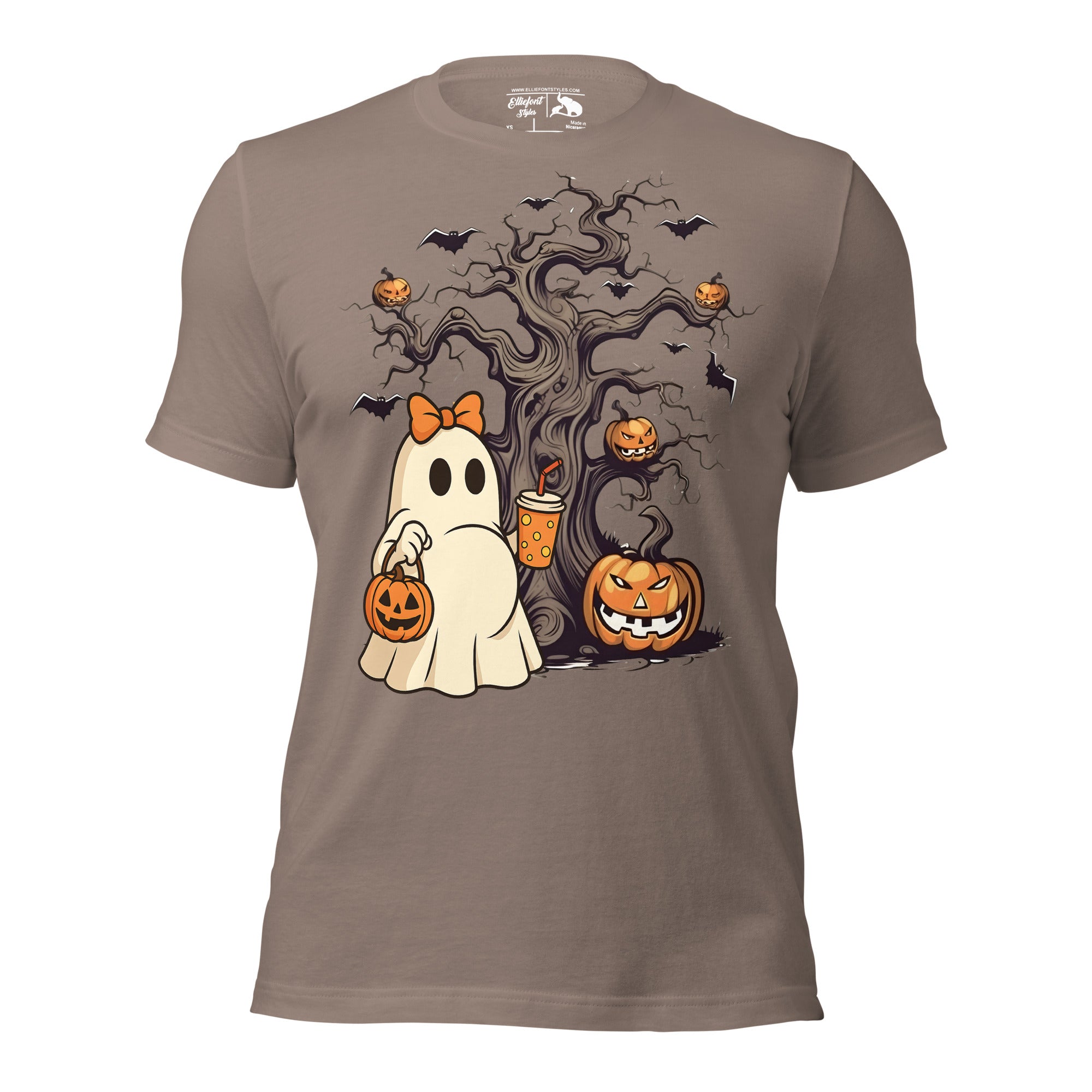 Pregnant ghost shirt holding coffee cup and pumpkin bucket for pregnancy reveal