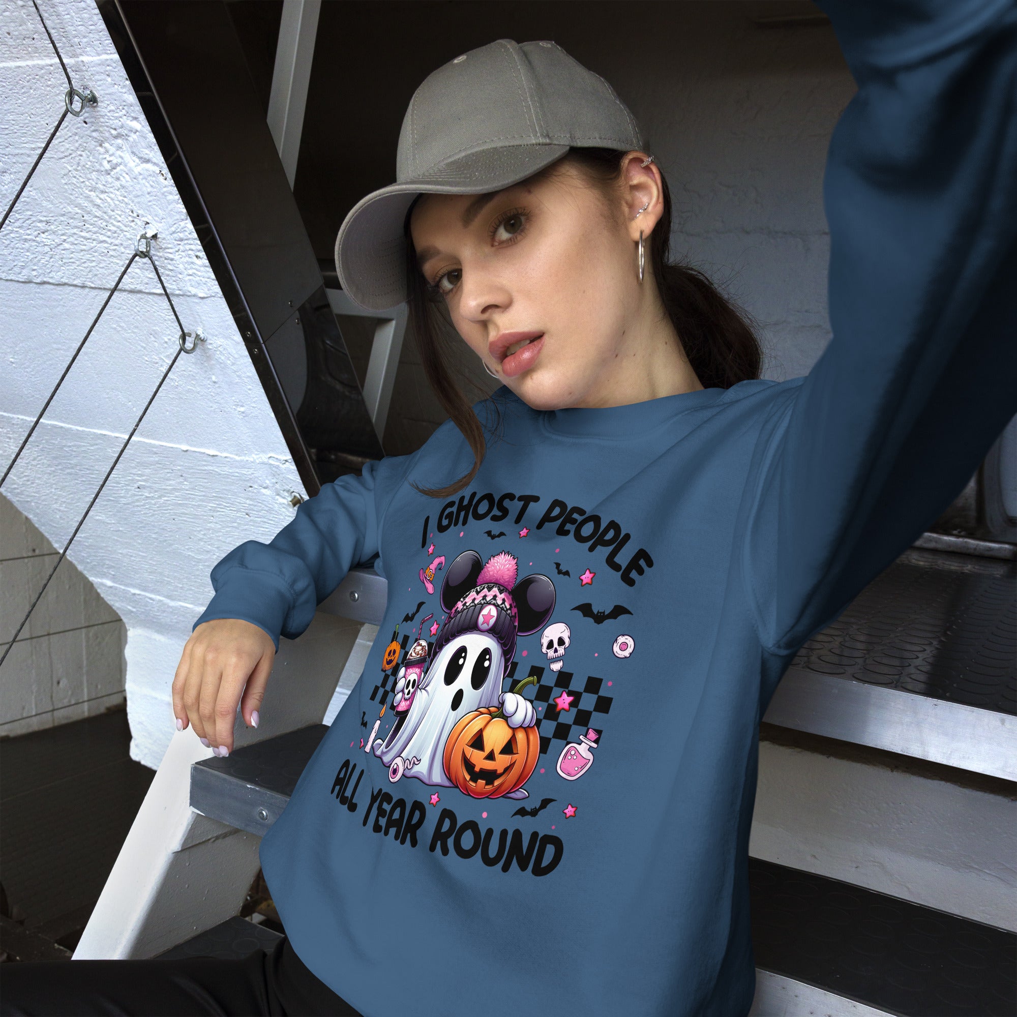 Ghost people all year long crew neck sweatshirt with Halloween theme