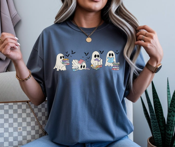 Ghostly Reads Halloween book lover shirt with cute reading ghosts design