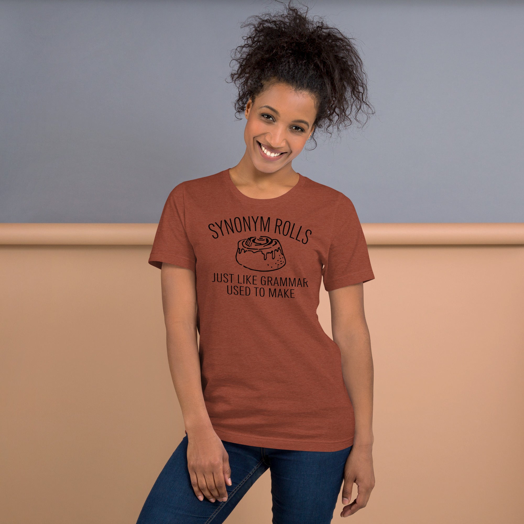 Graphic tee for grammar teachers with synonym rolls wordplay design