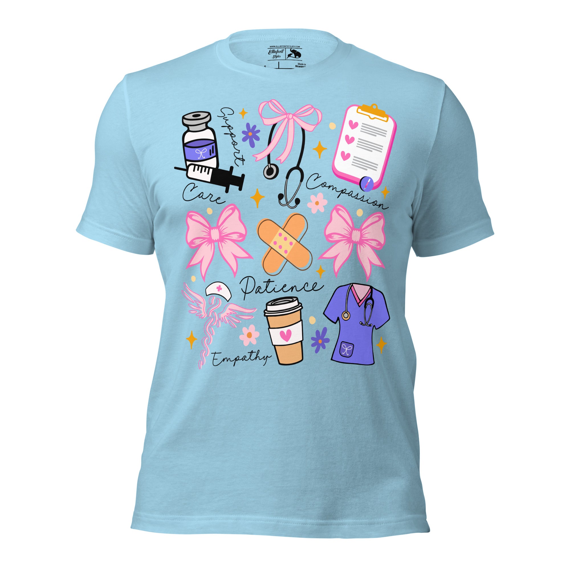 Graphic tee for nurses showing syringe, scrubs, and nursing traits