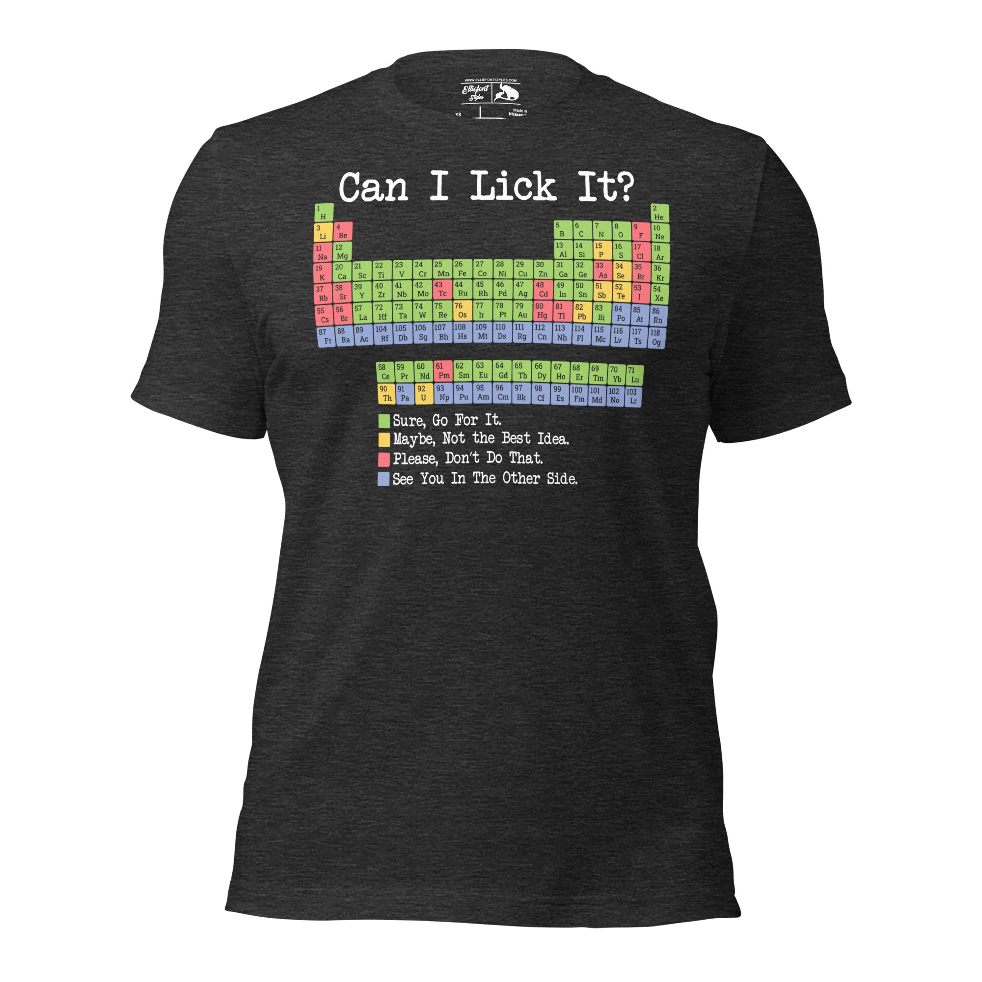 Graphic tee for science teachers showing periodic table with humor
