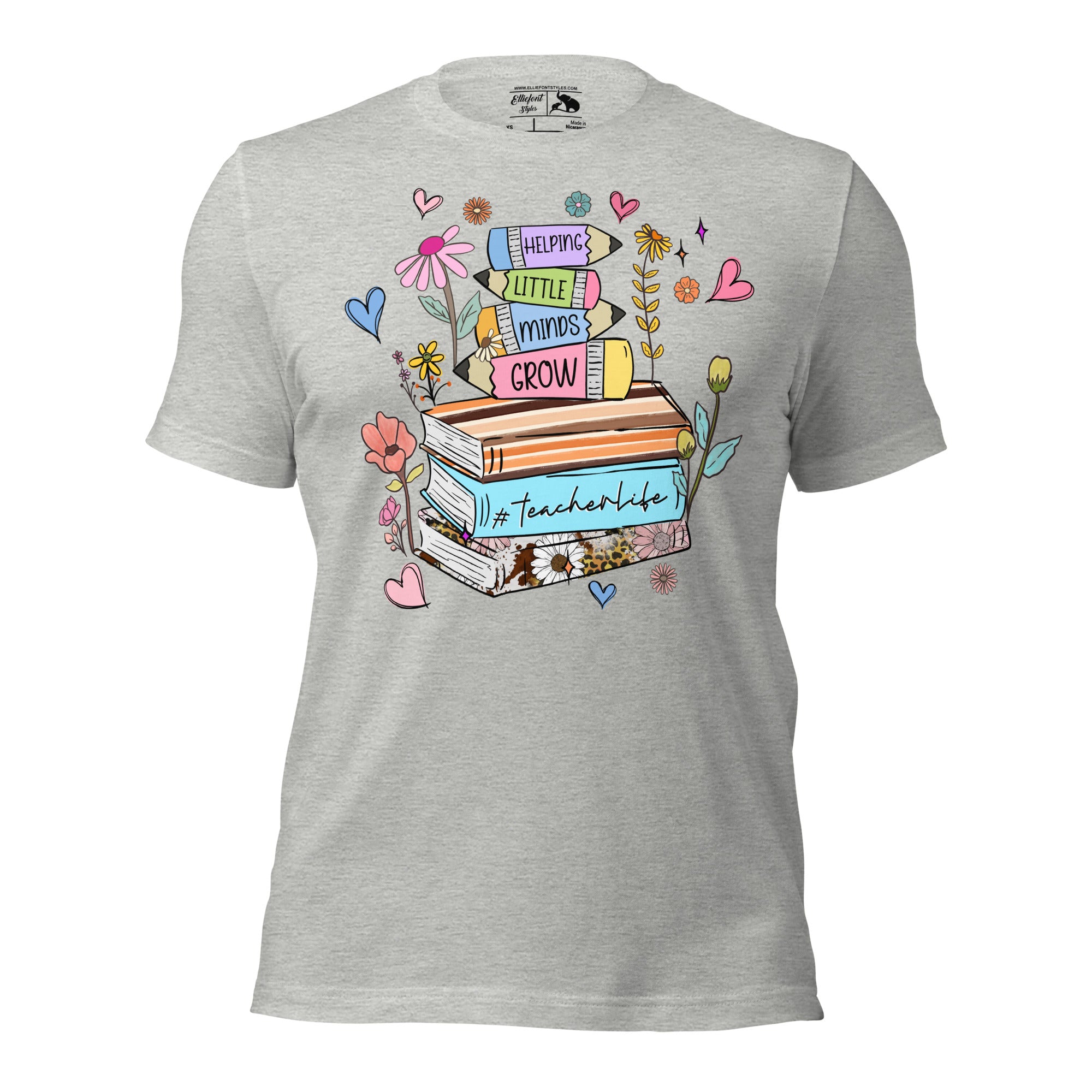 Funny teacher graphic tee with stack of books design