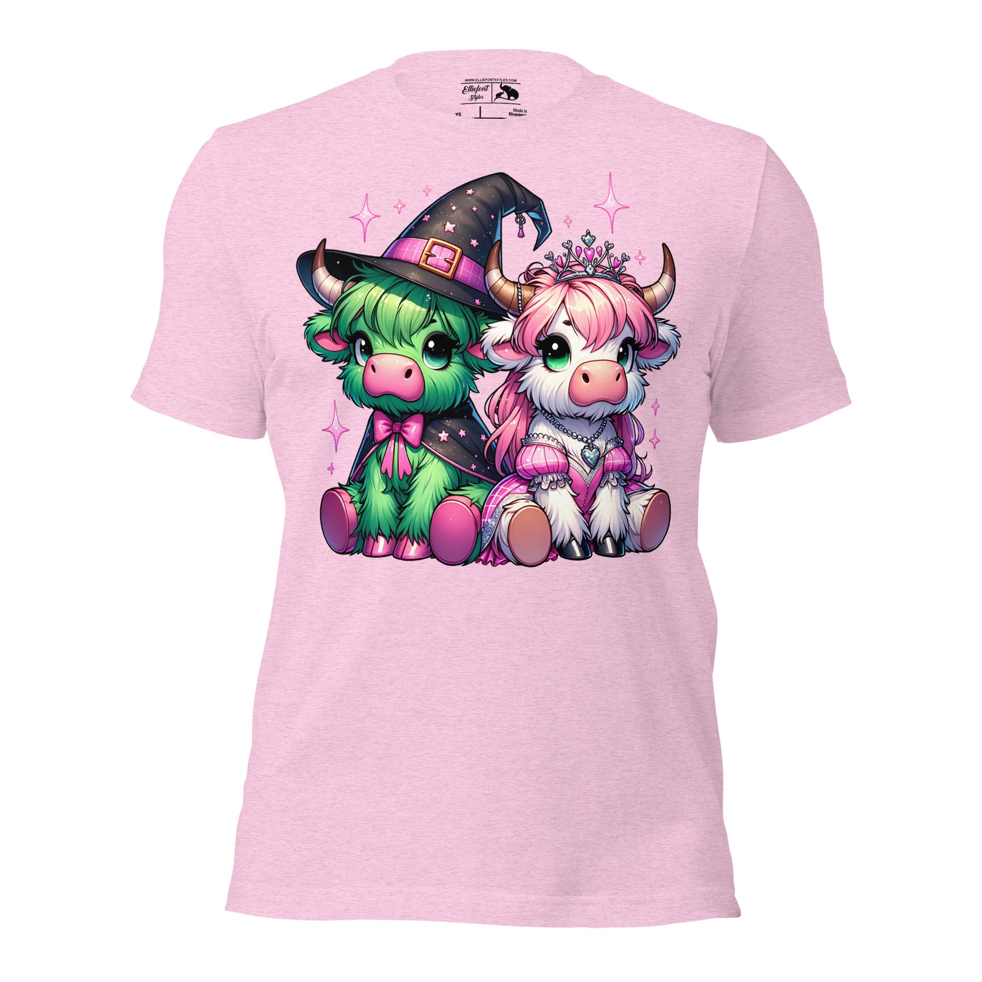 Shirt with green and white Highland cows, inspired by Wicked.