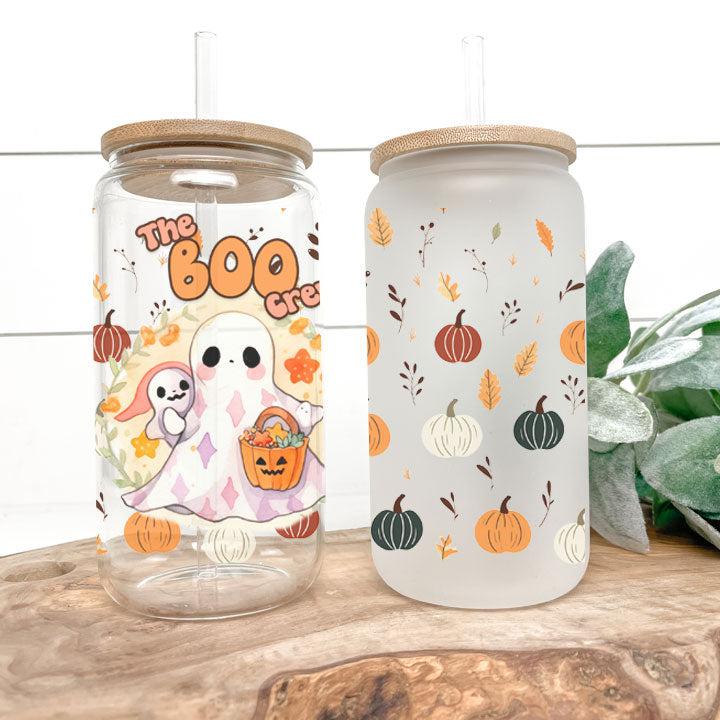 Libby Glass Can Tumbler with ghost trick-or-treat design and Halloween theme, fun reusable gift for spooky season.