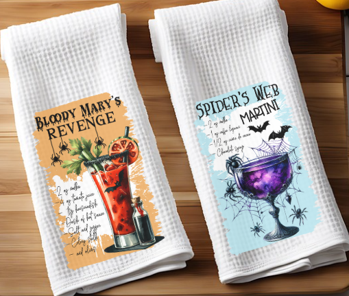 Halloween cocktail recipe waffle weave towel featuring festive kitchen design