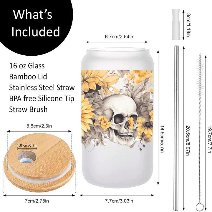 Libby Glass Can Tumbler decorated with skulls and sunflowers, spooky season iced coffee gift.