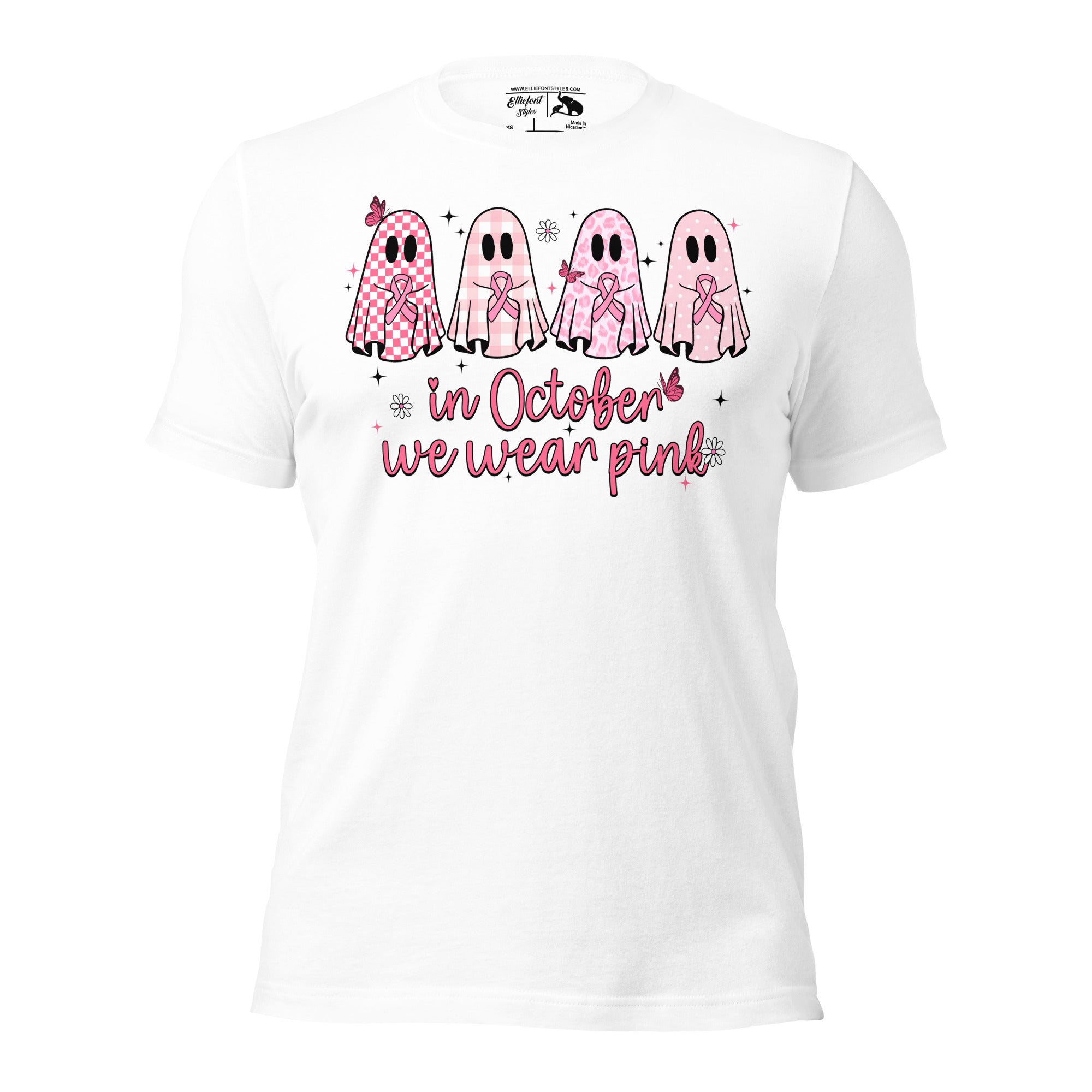Halloween shirt with ghosts and In October We Wear Pink message