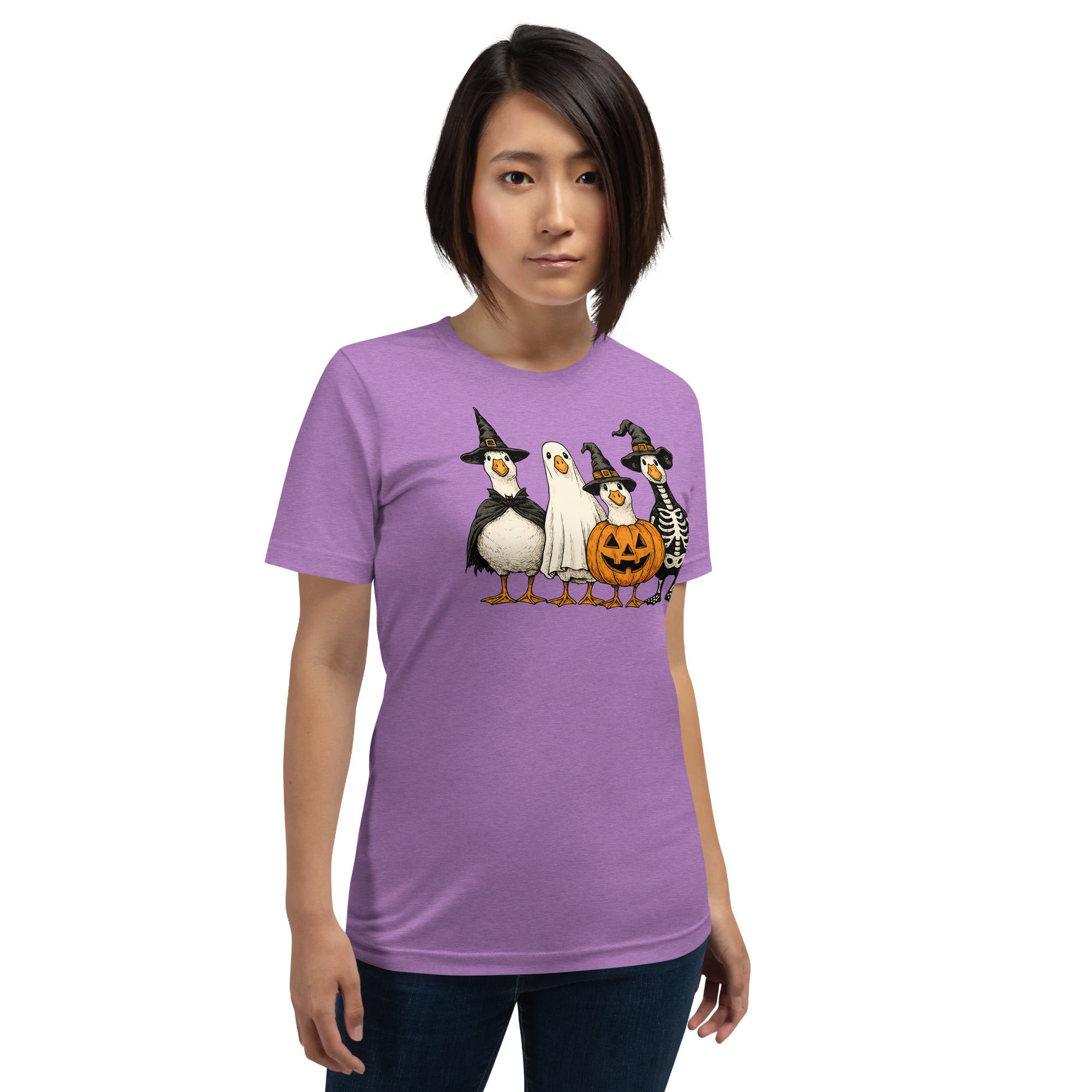 Halloween party bird costume graphic tee with geese in costumes