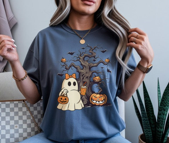 Halloween pregnancy reveal shirt featuring a pregnant ghost design