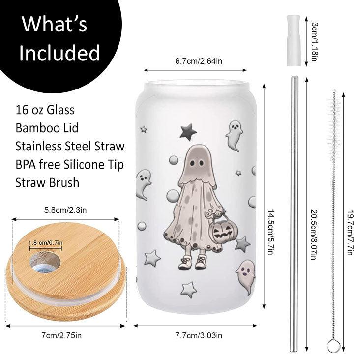 Libby Glass Can Tumbler featuring retro trick-or-treating ghosts, festive iced coffee cup for fall.