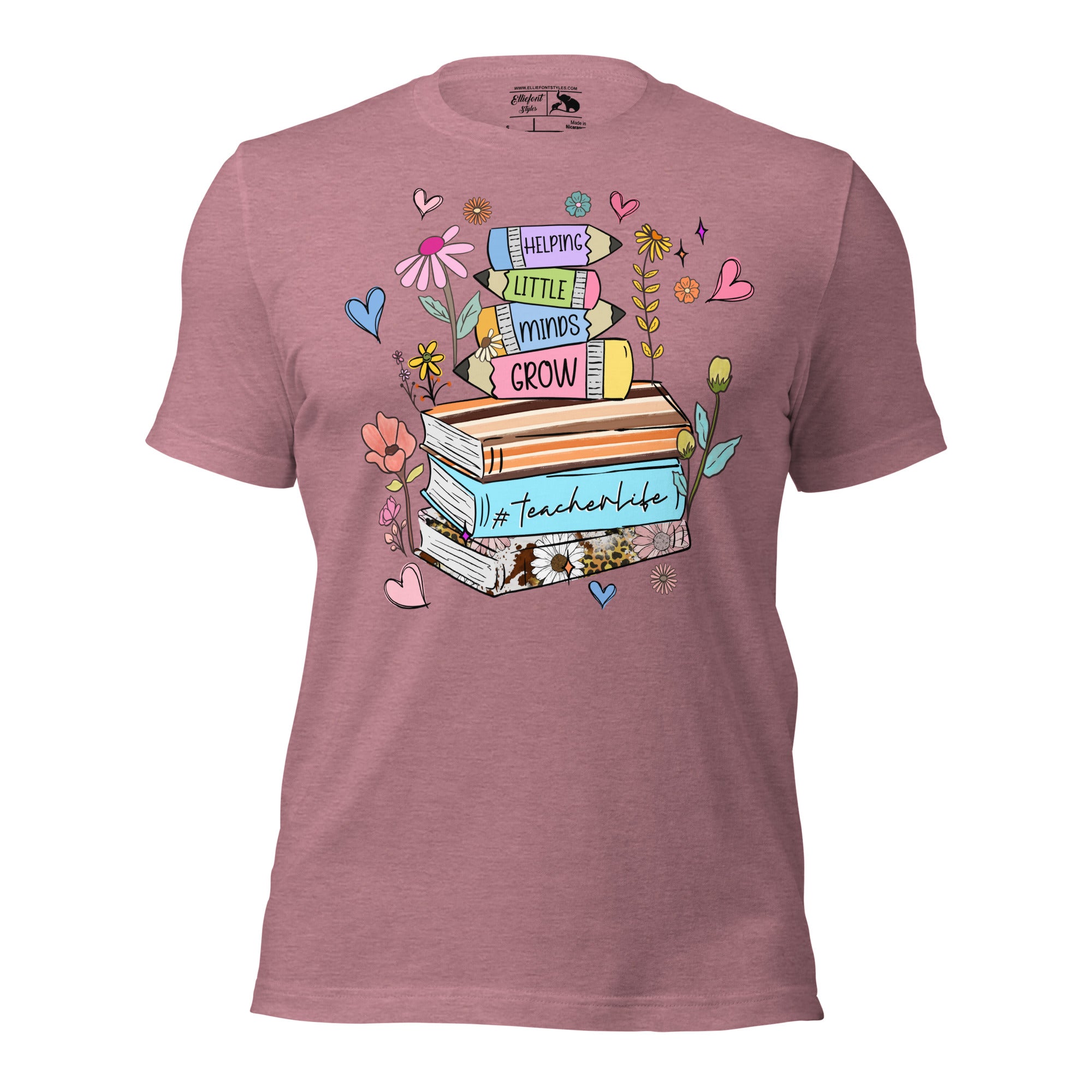 Funny teacher shirt with stack of books graphic and #TeacherLife quote