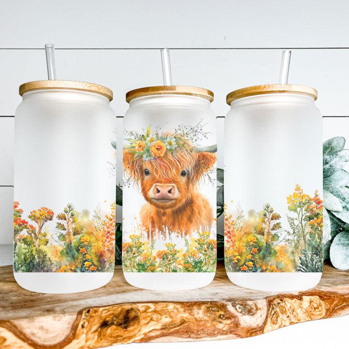 16 oz Libby Glass Can Tumbler featuring Highland cow in a colorful flower garden, rustic gift idea.