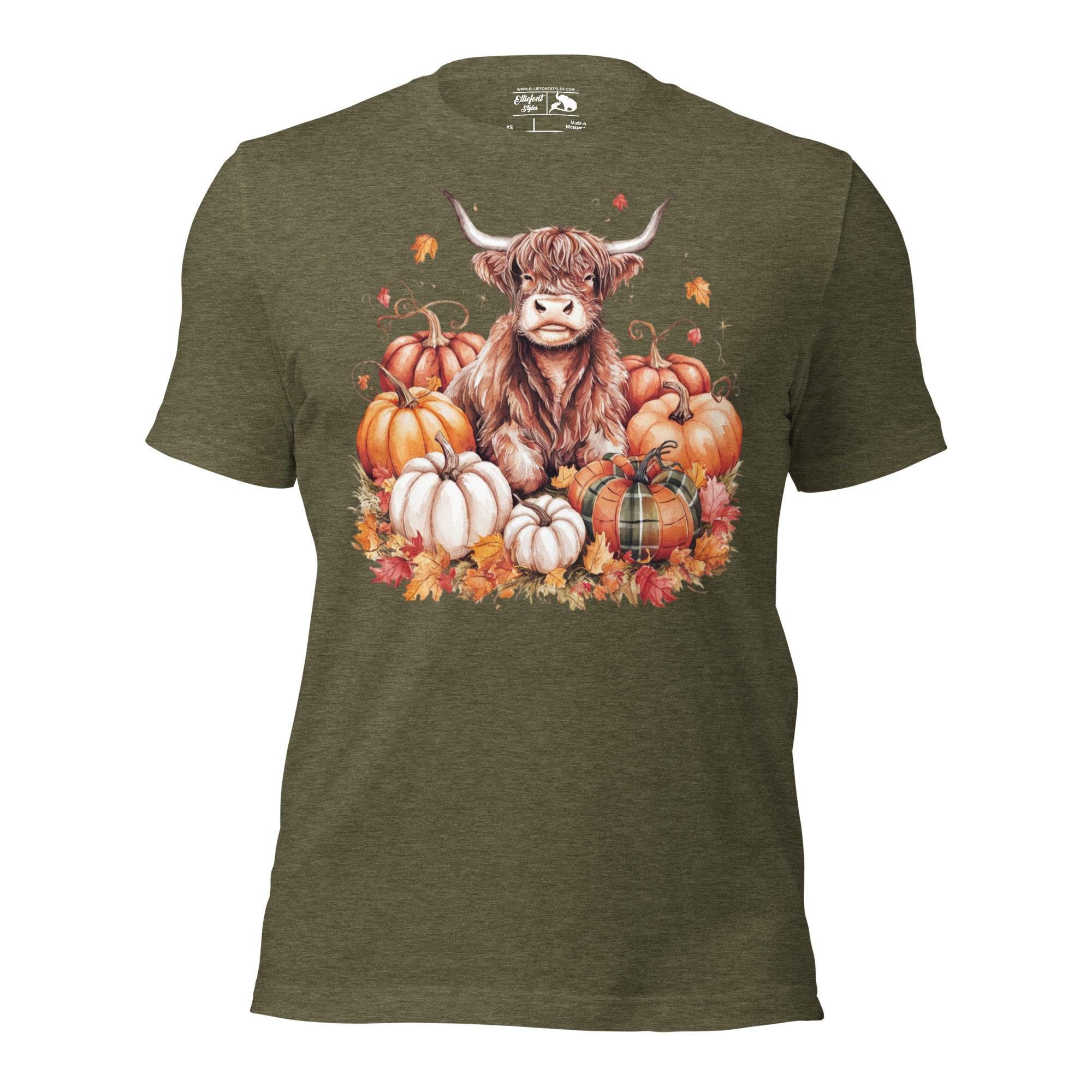 Highland cow fall shirt with pumpkins and rustic autumn design.