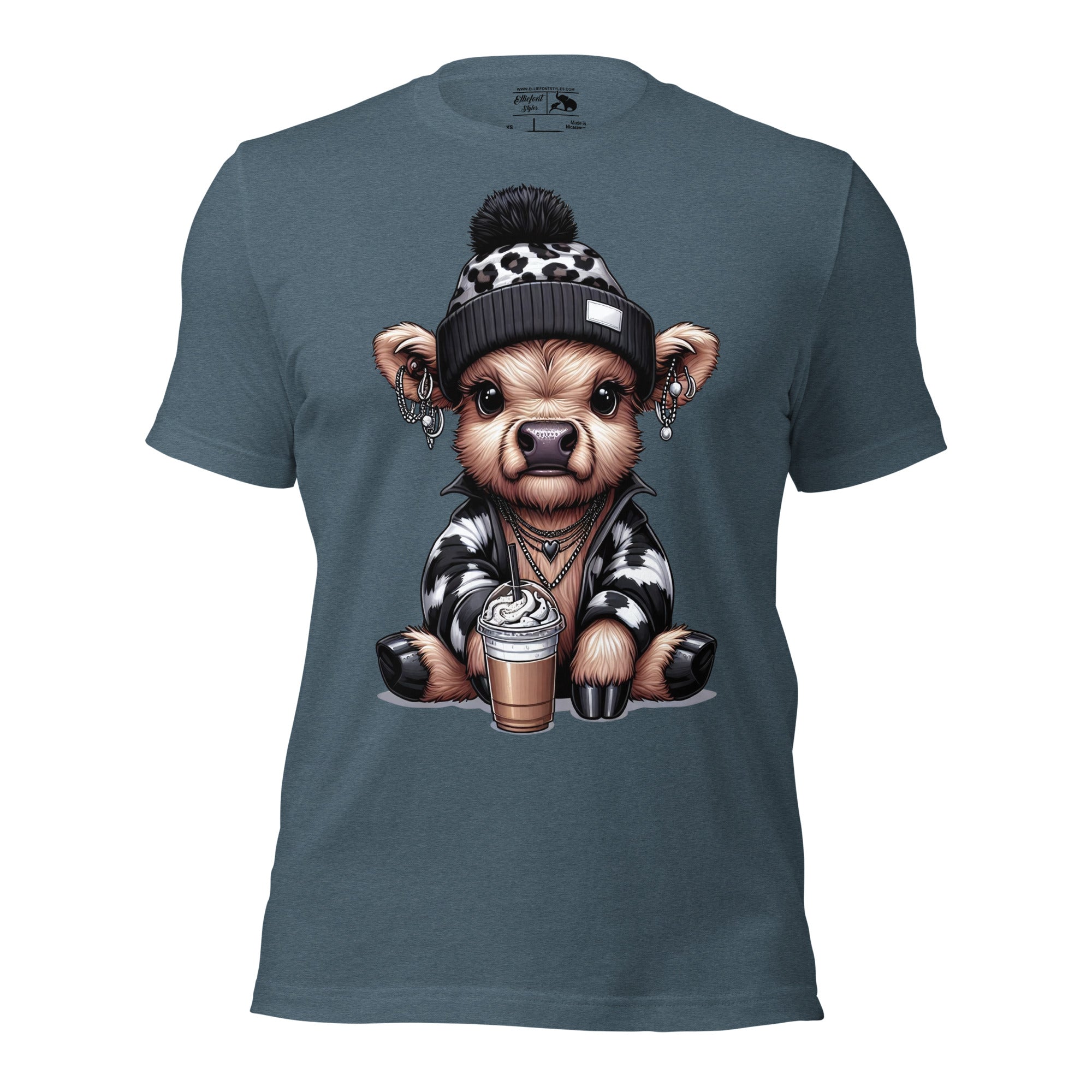 Highland cow shirt with beanie hat and coffee cup design
