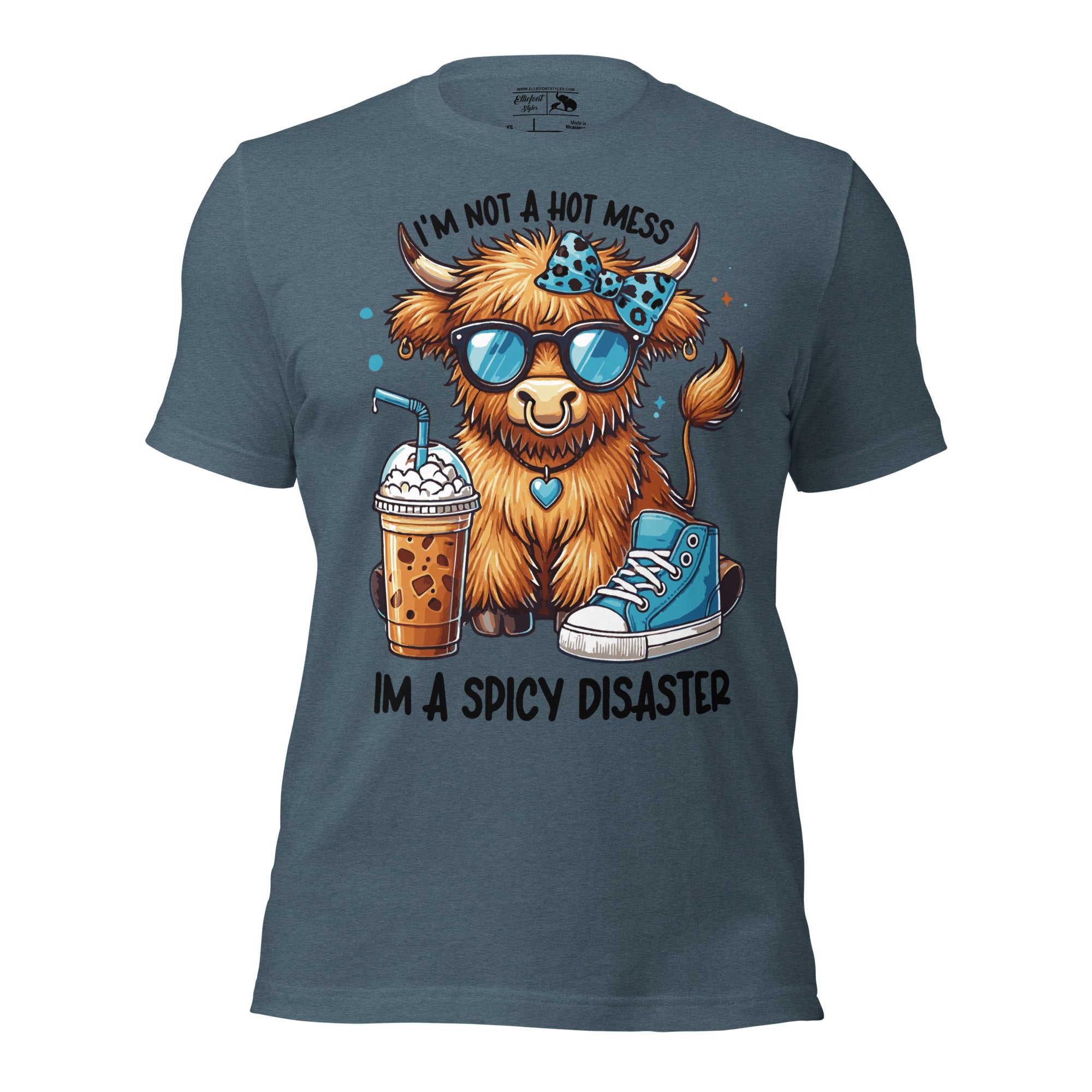 Highland cow shirt with “I am not a hot mess I am a spicy disaster” quote